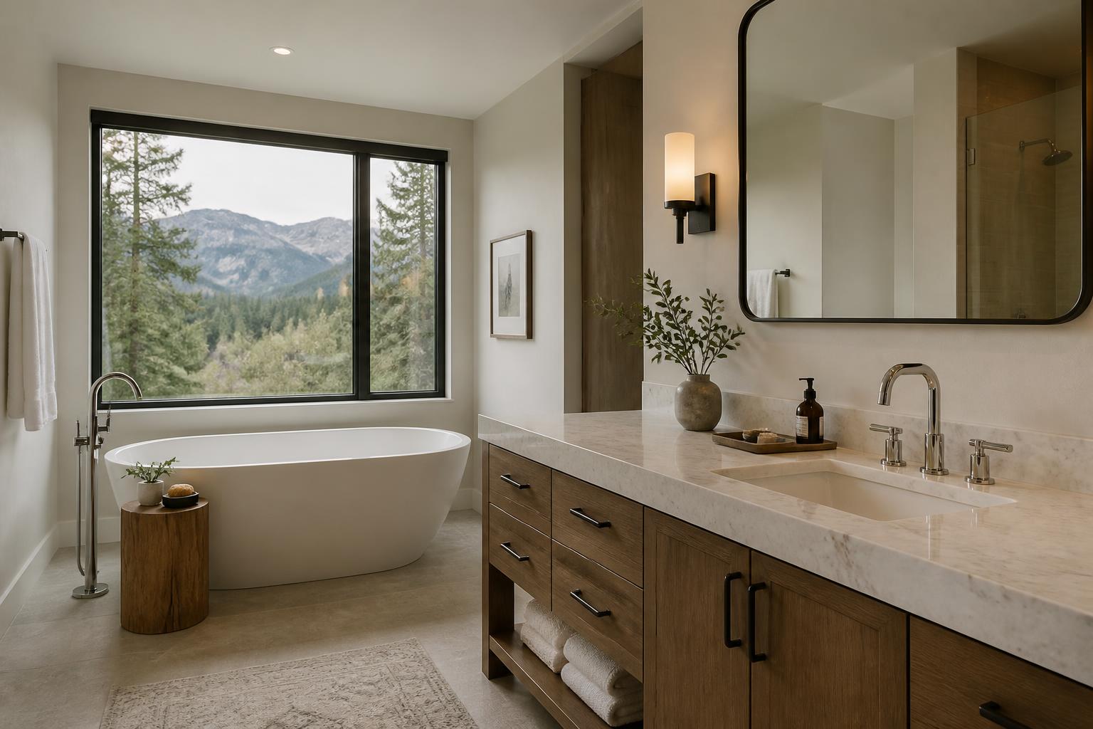 Modern bathroom with polished fixtures and a clean stone vanity.