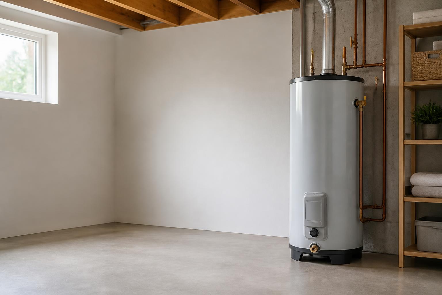 Clean service area with a polished water heater and open space.